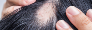 Mãos separando os fios para mostrar couro cabeludo com afinamento e falha, achado típico de alopecia areata